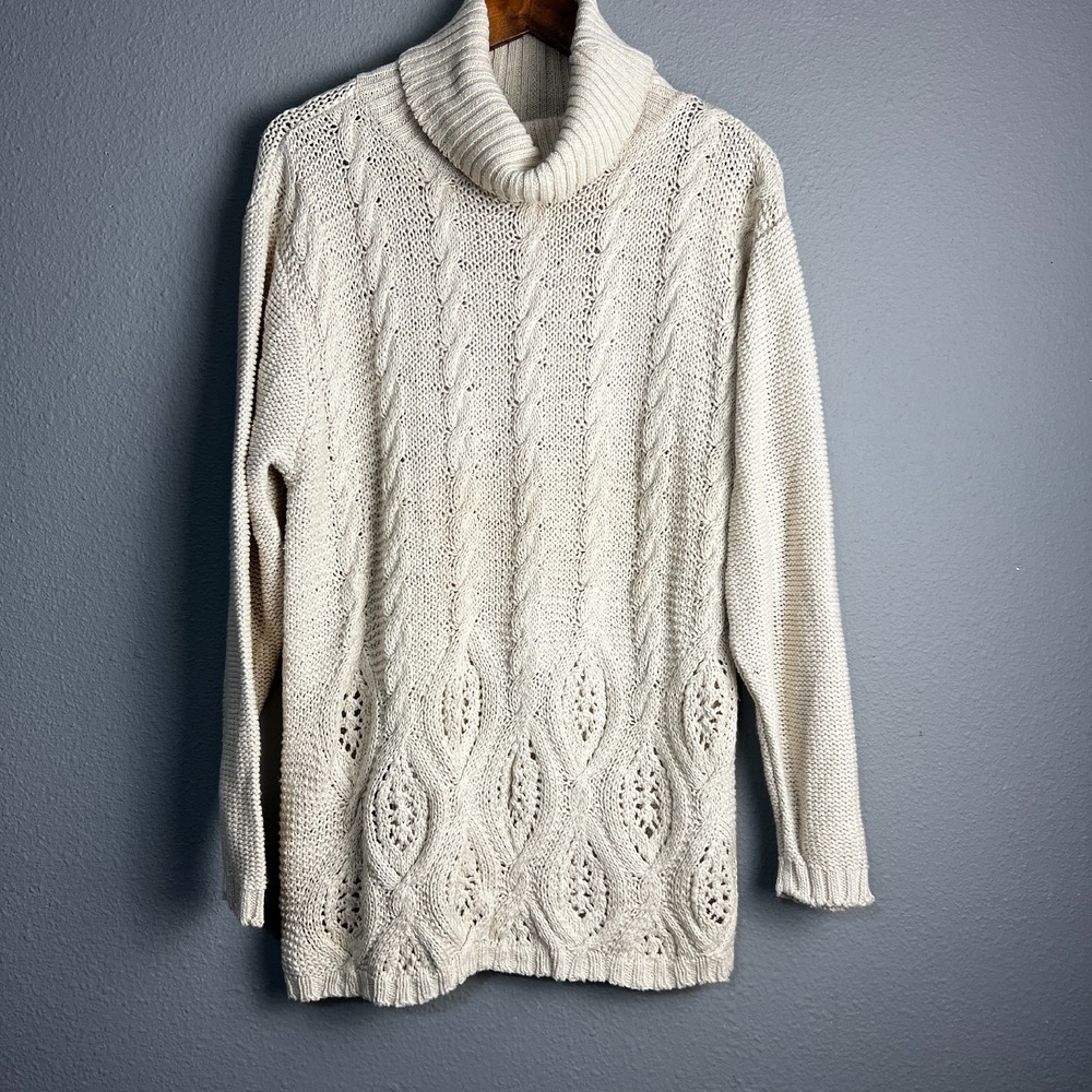 Carole Little Knitwear Cable Open Knit Turtleneck Pullover Sweater Cream Size‎ L